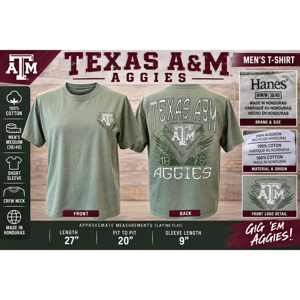 Hanes Texas A&M Aggies Mens T-Shirt Medium Green Short Sleeve Crew Neck Cotton